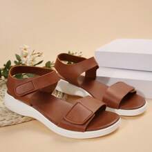 New Women Sandals Fashion Strap Hook&Loop Flat Comfortable Lightweight Versatile Beach Sandals, Brown Thick Sole, Casual & Simple - Brown - View 1