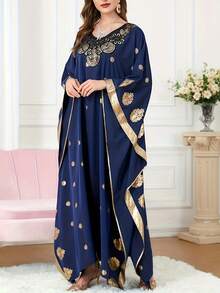 Robe de Renda Turca Elegante de Cor Sólida para Mulheres, Vestido Abaya com Impressão Retrô Dourada de Manga Longa e Decote em V, Estilo Árabe, Kaftan Modesto