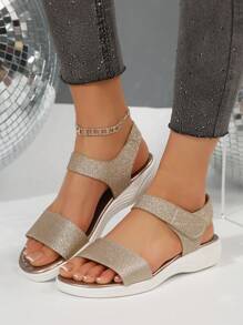 Women's Summer Glitter Open Toe Slip On Flat Sandals, Lightweight & Comfortable Plus Size Slip-On Casual Slippers