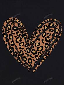 Maglietta casual da donna, Maglietta a maniche corte in misto poliestere per signore, Maglietta casual da donna a maniche corte con stampa leopardata a cuore, top nero da donna, abbigliamento primaverile ed estivo