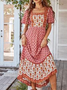 Robe évasée à manches courtes, col carré, imprimé floral élégant, été 2025 resort, pour femmes PoPoHouse
