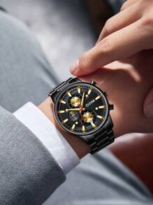 DOM 1 件男式黑色不锈钢多功能计时码表带日历，防水，时尚运动风格 - 黑色 - 查看 7