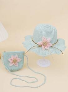2pcs Kids Spring/Summer Straw Hat & Straw Bag Set, Cute Floral Sun Ion Hat - 2pcs - View 4