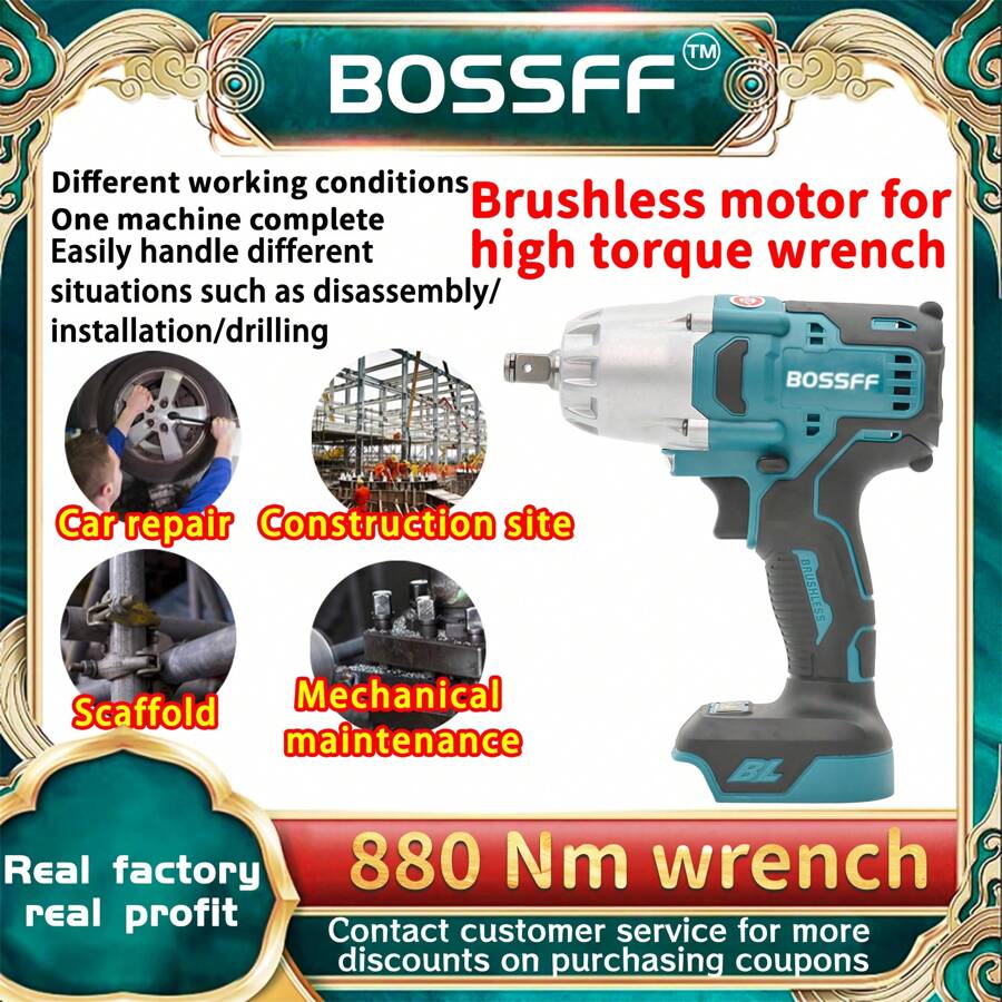 880N Torque Wrench, Lithium Battery Powered Socket Wrench For Construction, Carpentry, Tire Change, High Torque Auto Repair Tools, Rechargeable