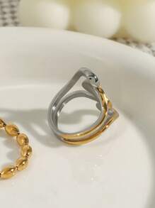 极简主义不锈钢线环双色不对称爱心戒指镂空女士可叠戴戒指派对礼物，女士日常派对配饰，时尚珠宝，最佳朋友礼物 - 金色 - 查看 4