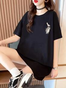 女士休闲可爱猫咪印花宽松圆领短袖T恤，春夏款，黑色 - 黑色 - 查看 2