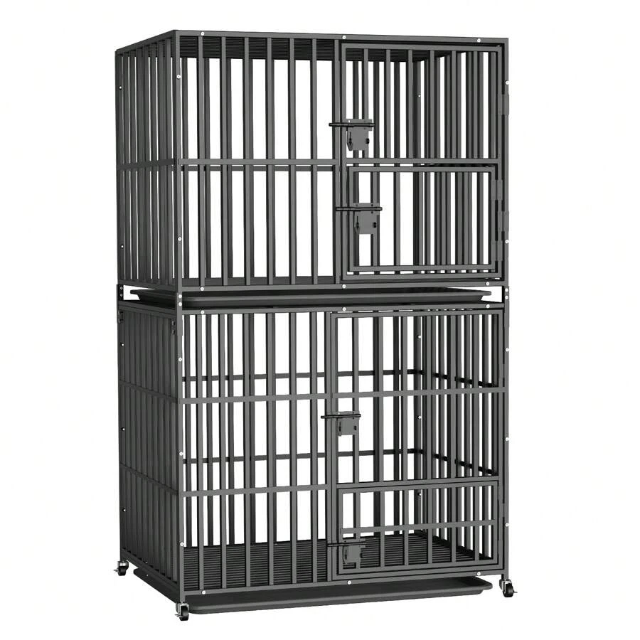 Heavy Duty Dog Crate, Stackable Large Pet Cage With Tear Resistant Square Tube, Metal Military Puppy Cages With Prevent Escape Lock And Tray 95x57cm 2 Tiers
