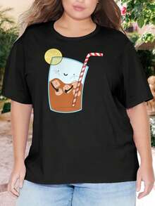 Hey Sweet Tea! Cute Iced Tea Pun Oversize Women T-Shirt (Cute Food Cartoon Cute Tea Puns Food Puns For Women Large Size) - Black - View 1