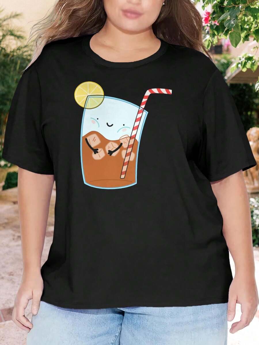 Hey Sweet Tea! Cute Iced Tea Pun Oversize Women T-Shirt (Cute Food Cartoon Cute Tea Puns Food Puns For Women Large Size) - Black - View 1