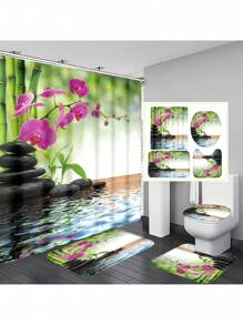 1pc/4pcs Bamboo Waterfall Pattern Shower Curtain Set, Waterproof Shower Curtain With 12 Hooks, Bathroom Rug, U-Shape Toilet Mat, Toilet Lid Cover, Bathroom Divider, Bathroom Accessories, Bathroom Decor