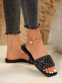 新款加大码奢华防滑方头珍珠装饰拖鞋，时尚百搭沙滩度假女鞋，春夏穿搭 - 黑色 - 查看 3