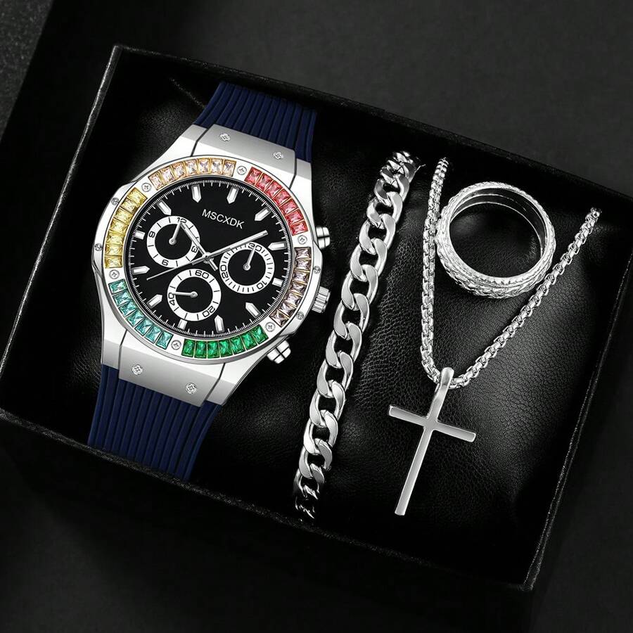 MSCXDK 4pcs/Set Top Brand Men's Quartz Watches, Conceptual Dial Design Silicone Strap Casual Military Sport Wristwatches With Jewelry Accessories Cross Necklace Bracelet Ring Set (No Box)