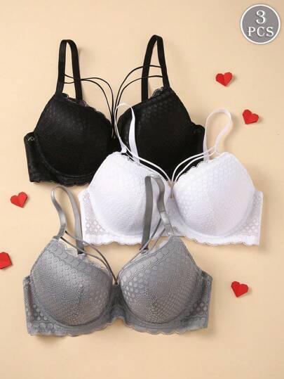 3pcs Plus Size Lace Bras, Comfortable Underwire Lift Bras For Women