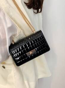 Faux Leather Solid Crocodile Embossed Fashion Mini Chain Strap Shoulder Bag