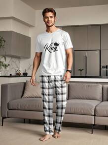 1 Set Men's Pajama Set Including 1 Plaid Long Pants And 1 White Short Sleeve T-Shirt With "King" Print