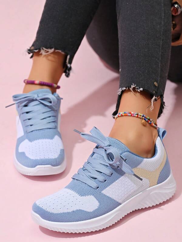 Zapatillas de mujer con cordones de encaje de malla azules, con suela suave y transpirable, absorción de impactos, antideslizante, zapatillas deportivas casual multifuncional, cómodas para exteriores, zapatos para caminar ligeros y transpirables con suela antideslizante