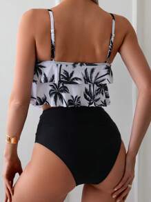Women's Fashion Coconut Tree Print Sexy Tankini Swimwear Set - Black - View 2