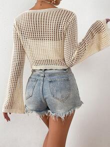 Plus Size Solid Color Short Hollow Out Knitted Cardigan - Apricot - View 2