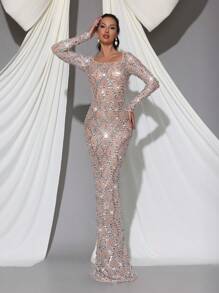 Modphy 手工亮片和水钻装饰透视网眼拼接 V 领长袖紧身连衣裙，正式伴娘婚礼宾客礼服，派对礼服，晚礼服 - 杏色 - 查看 4