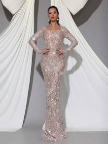 Modphy 手工亮片和水钻装饰透视网眼拼接 V 领长袖紧身连衣裙，正式伴娘婚礼宾客礼服，派对礼服，晚礼服 - 杏色 - 查看 1