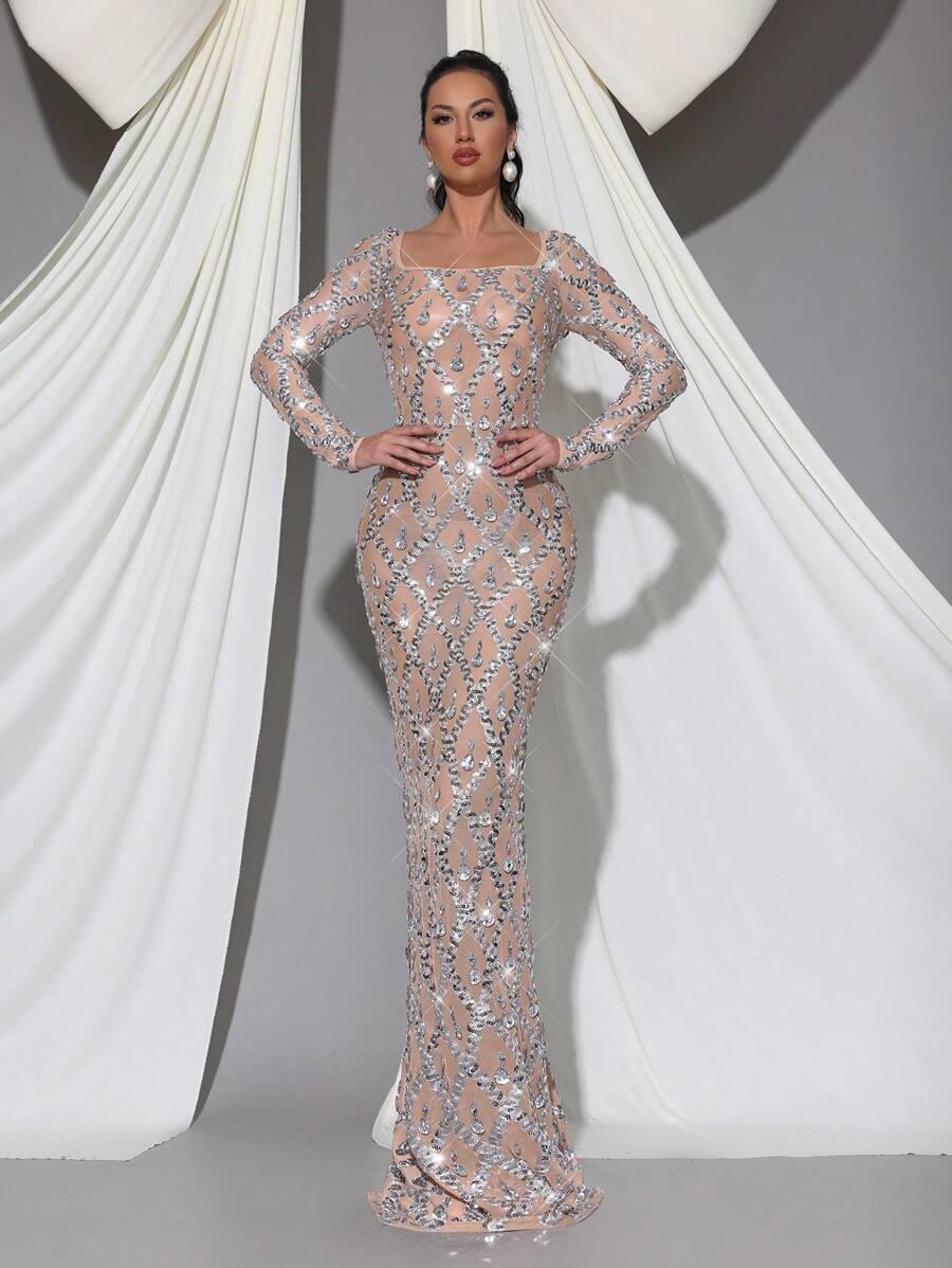 Modphy 手工亮片和水钻装饰透视网眼拼接 V 领长袖紧身连衣裙，正式伴娘婚礼宾客礼服，派对礼服，晚礼服 - 杏色 - 查看 1