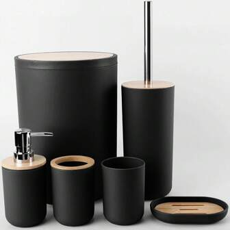 Set de 8 piezas de accesorios de baño de lujo de plástico y bambú, incluyendo dispensador de jabón, jabonera, soporte para cepillo de baño, soporte para cepillo de dientes, vaso, bandeja de tocador, dispensador de hisopos, perfecto para regalo de cumpleaños, día festivo, inauguración de casa, Navidad (gris, negro y blanco)