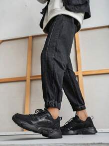 男士舒适网面户外运动休闲鞋，街头风黑白PU皮革拼接低帮跑步鞋，宽松厚底休闲运动鞋，四季皆宜，适合搭配运动牛仔裤 - 黑色 - 查看 10