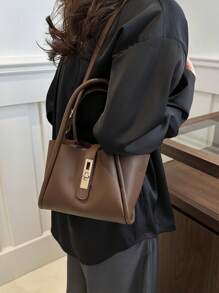 可调节肩带手提包，PU材质，纯色，敞口设计，随机印花图案，油边处理，适合女性日常使用 - 棕色 - 查看 7