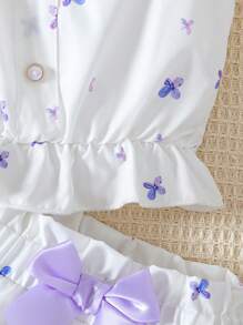 Young Girl Two Pieces Suspender Shorts Bow Purple Flower Print Fresh Suit - Purple - View 5