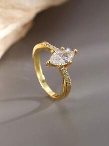 Charm-In 1pc Luxury Oval Cut Sparkling Cubic Zirconia Ring, Elegant Jewelry Gift For Girlfriend On Valentine's Day - Yellow Gold - View 4