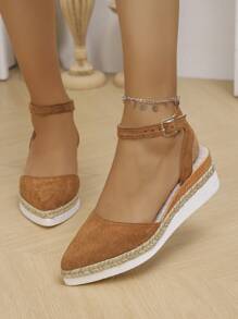 2025 EU/US Early Autumn New Chunky Thick Sole Pointed Toe Hollow Out Ankle Cross Strap Sandals For Women, Platform Wedge High Heels - Brown - View 3