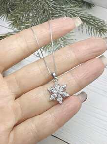 1 件女士 S925 纯银方晶锆石雪花吊坠项链，时尚奢华优雅雪莲花锁骨链，精美礼物 - 雪花 - 查看 4
