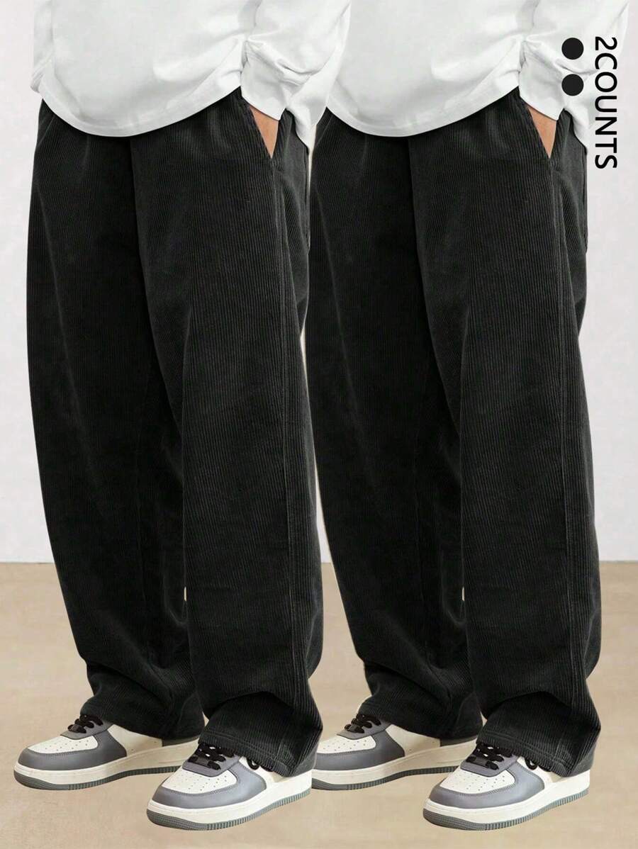 2pcs/Set Men Corduroy Straight Leg Casual Pants, Loose Fit Versatile Sweatpants For Spring Autumn - Multicolor - View 1