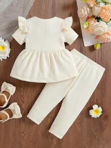 2pcs Baby Girls' Minimalist Solid Color Round Neck 3D Bow Ruffle Hem Short Sleeve T-Shirt And Elastic Waist Solid Color Knit Pants Set, Suitable For Home, Daily Wear And Outings, Spring/Autumn - Beige - View 2