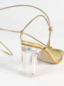 Lace-Up Square Toe Gold High Heel Sandals, Transparent Heel Design, Sexy & Slim, Suitable For Party, Date, Holiday, Commute, Summer New High Heel Sandals