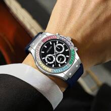 MSCXDK 4pcs/Set Top Brand Men's Quartz Watches, Conceptual Dial Design Silicone Strap Casual Military Sport Wristwatches With Jewelry Accessories Cross Necklace Bracelet Ring Set (No Box)