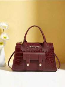 1件女士鳄鱼纹压花手提包，撞色石纹托特包，商务休闲波士顿斜挎包，动物纹钱包 - 酒紅色 - 查看 2