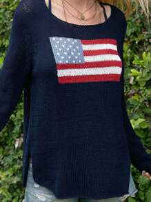 Women's Spring Autumn Knit Sweater Long Sleeve Crewneck Flag Print Loose Fitting Knitwear - Navy Blue - View 2