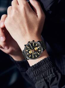 DOM 1 件男式黑色不锈钢多功能计时码表带日历，防水，时尚运动风格 - 黑色 - 查看 6