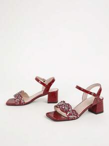 Women's High Heel Fashion Sandals, Crocodile Embossed Side Buckle Strap Square Toe Wide Base Sexy Charming Versatile Party Holiday Outdoor Comfortable High Heel Sandals - Burgundy - View 4