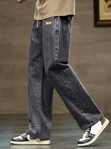 3 confezioni di jeans larghi a vita elastica con coulisse, lavati e delavati, adatti per abbinamenti quotidiani, jeans a gamba ampia con tasche, blu, grigi, neri