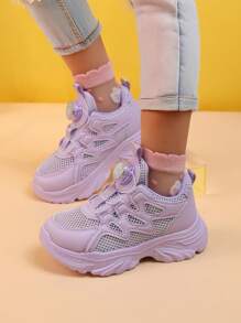 New Spring/Summer Kids Sports Shoes, Thick Sole Rotating Button Children Casual Sneakers, Anti-Slip Breathable Mesh Trainers For Boys & Girls, Student School Leisure Shoes White Sneakers