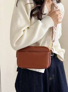 迷你简约纯素斜挎包，时尚PU单肩包，女士休闲手提包兼钱包，宽肩带女士钱包 - 棕色 - 查看 3
