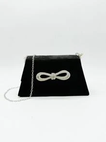 Sac du soir en velours de couleur unie minimaliste avec décoration de nœud en cristal, embrayage élégant pour fête pour femmes
