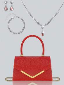 轻巧、商务、休闲时尚女士翻盖晚宴包，配有闪亮的奢华水钻吊坠项链、手链、耳环四件套，华丽精致的派对手提包，是派对女孩、新娘、大学生的完美钱包，配有可拆卸金属链的单肩斜挎包，非常适合舞会、宴会、派对、婚礼、节日派对 - 彩色 - 查看 12