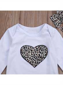 Newborn Baby Girl Clothes Sweet Heart Short Sleeve Jumpsuit And Leopard Long Pants With Headband 3Pcs Infant Outfits - 白色 - 查看 4