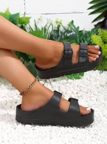 New Fashion Thick Bottom Elevated EVA Non-Slip Commuting Stable Soft Comfortable Lightweight Sandals For Women, Double Adjustable Strap, High-End Beach Party Holiday Casual Shock Absorbing Slippers - Black - View 9