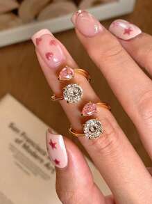 1pc Fashion Pink Cubic Zirconia Gold Open Ring, Suitable For Women's Daily Wear