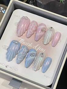 10 件/套手工美人鱼贝壳可拆卸 3D 假指甲，奢华优雅女王风格适合高端派对、圣诞节、节日 - 淺藍色 - 查看 1