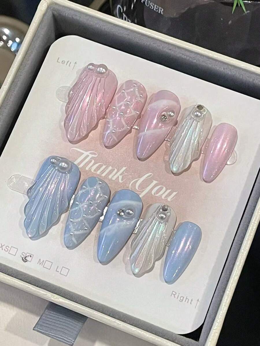 10 件/套手工美人鱼贝壳可拆卸 3D 假指甲，奢华优雅女王风格适合高端派对、圣诞节、节日 - 淺藍色 - 查看 1